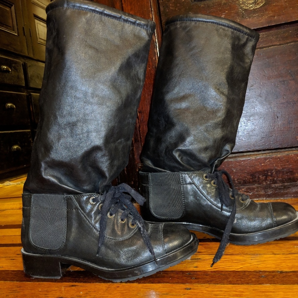 Chanel black leather lace up boots
